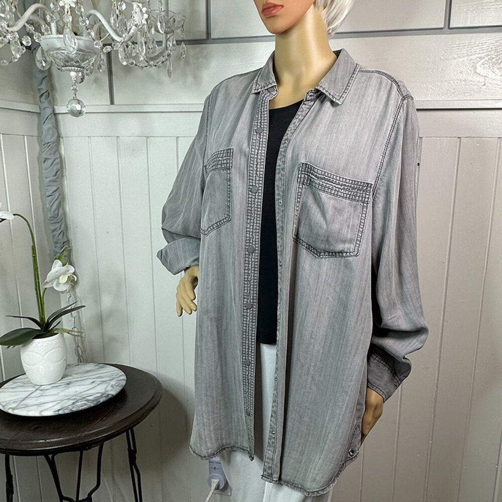 Snaps Collared Gray Comfy Blouse Decorative stitching Intro size 1X - Picture 2 of 11